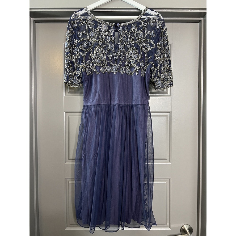ASOS Dress Women 14 Navy Blue Beaded Short Sleeve Sequin‎ Bling Wedding Guest - Picture 3 of 11
